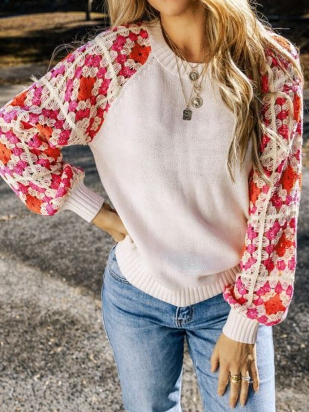DAVI & DANI Cream Sweater with Pink and Orange Crochet Balloon Sleeves
